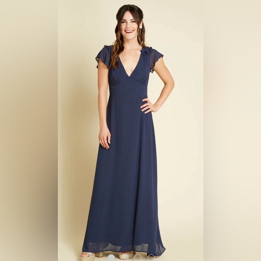 Rare Size 4 Navy ModCloth Maxi Dress Flutter Sleeve Empire Waist V Neck Romantic